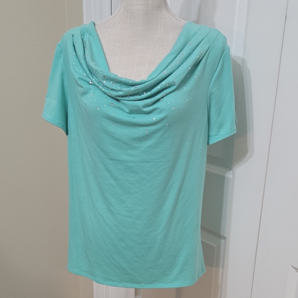 Notations Light Seafoam Green Cowl Neck Short Sleeve Top Sz L